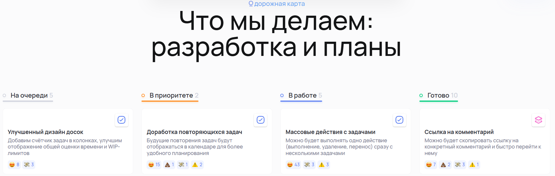 часть дорожной карты Weeek с задачами, разделёнными по статусам