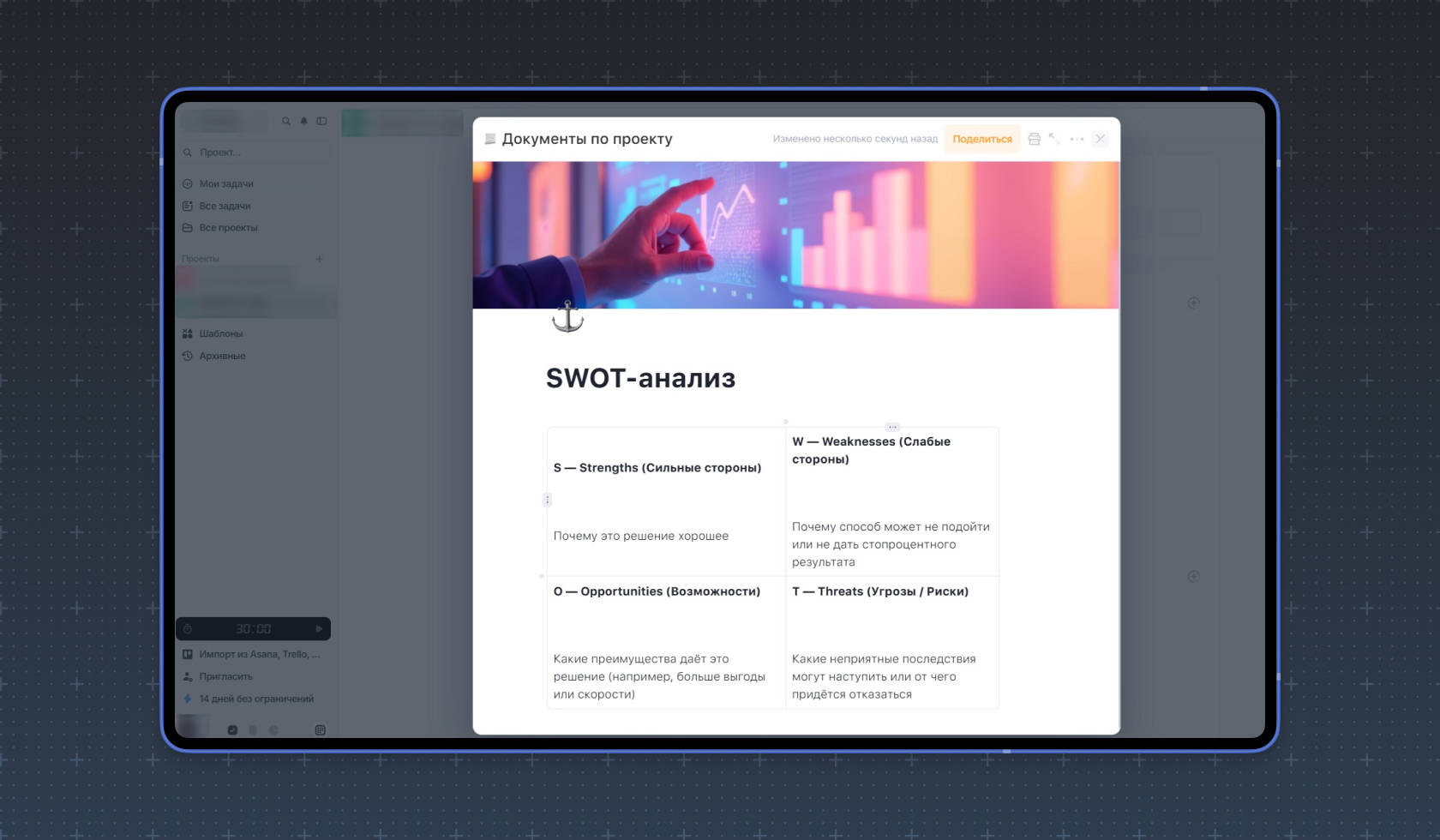 Пример SWOT-анализа в документах Weeek