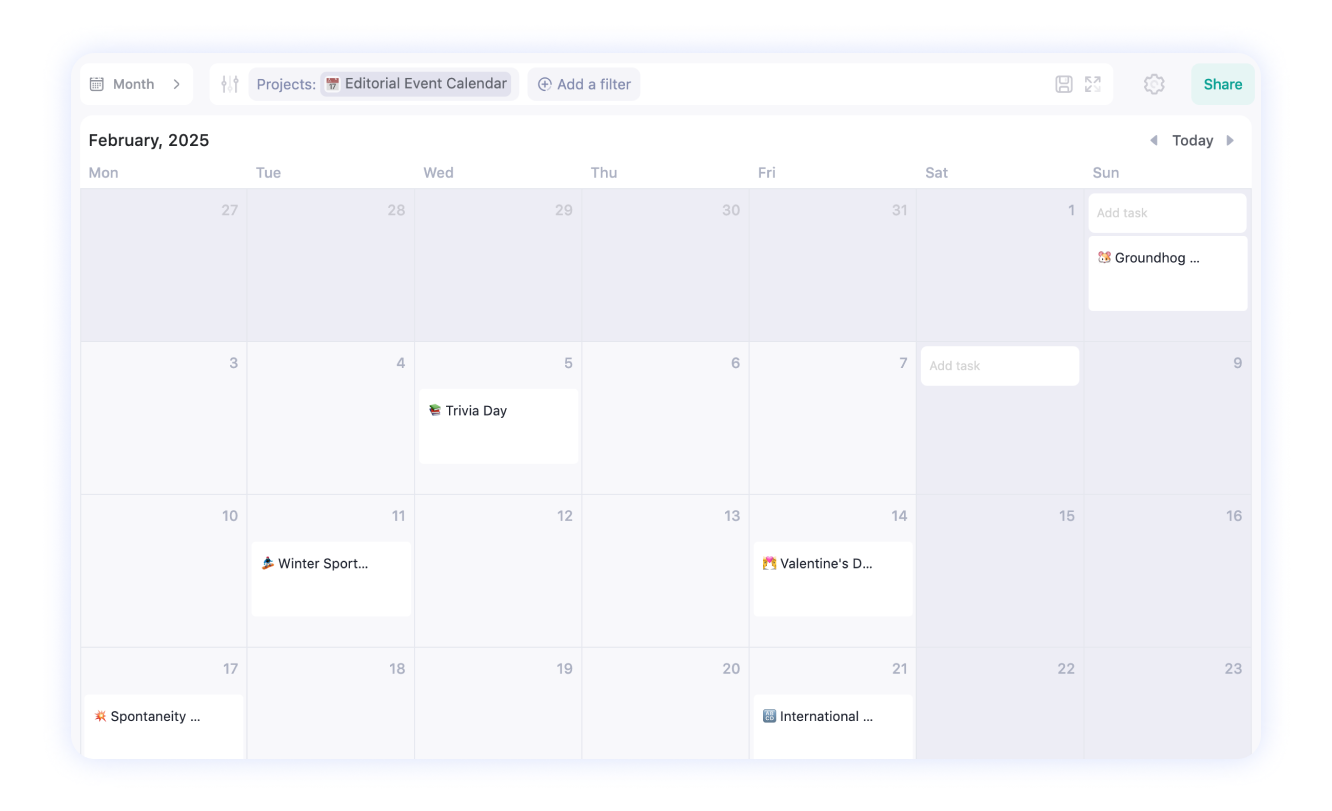 project calendar plan in WEEEK
