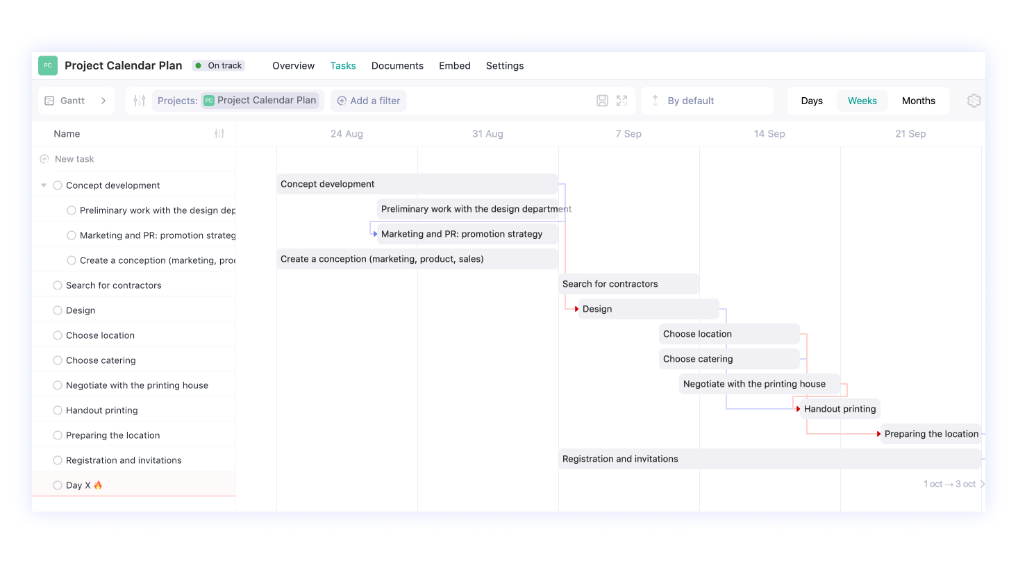 project calendar plan in WEEEK