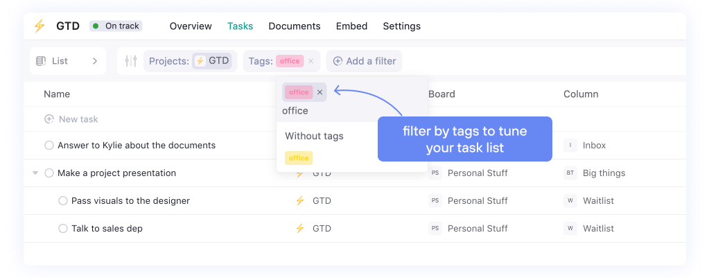 how to use filters for tasks lists