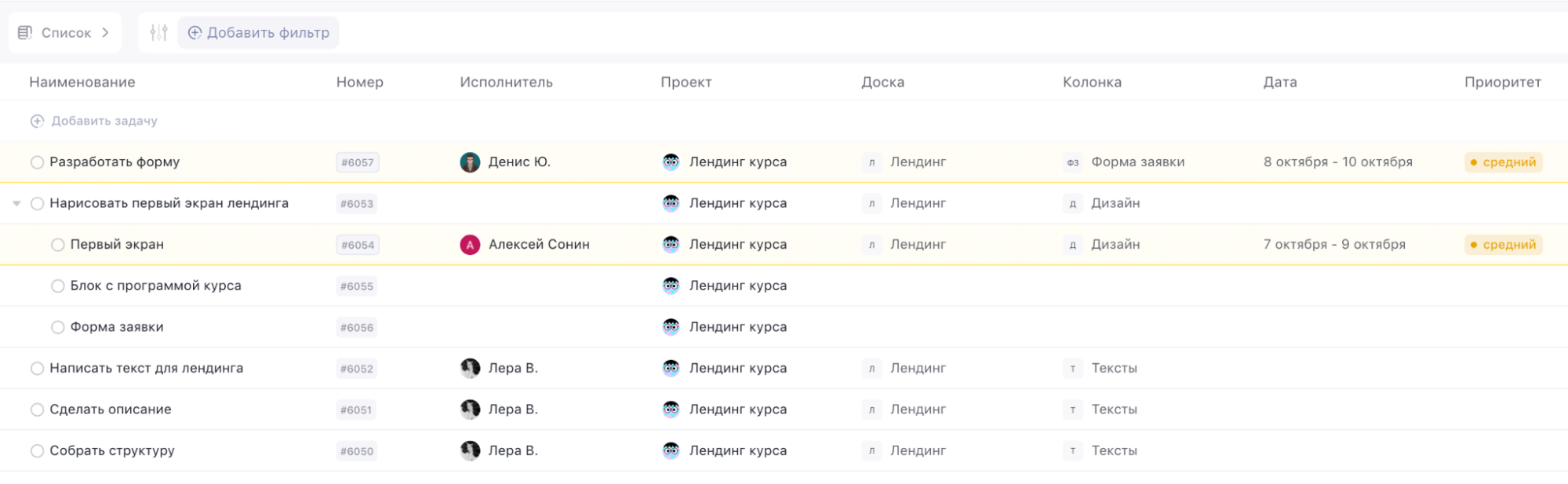 отображение задач в режиме Список
