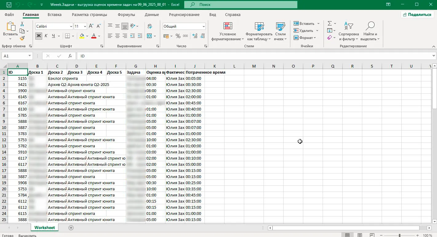 Пример выгрузки данных по специалисту за месяц
