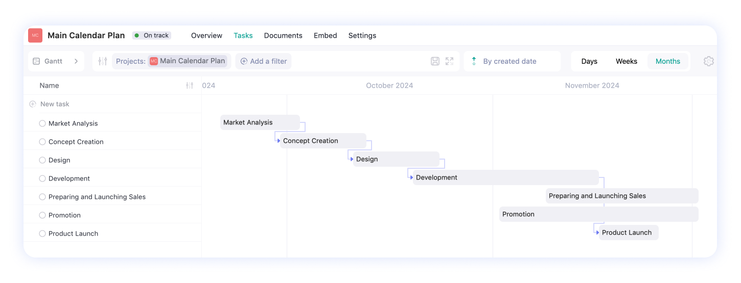project calendar plan for development