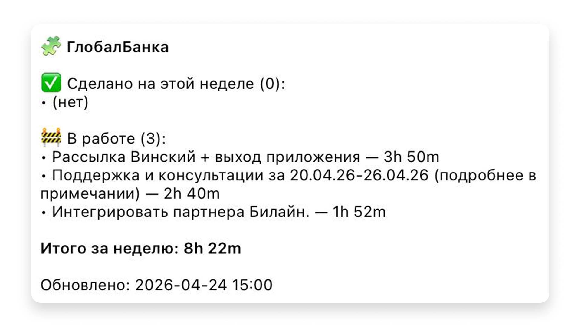 Еженедельный отчёт по проекту