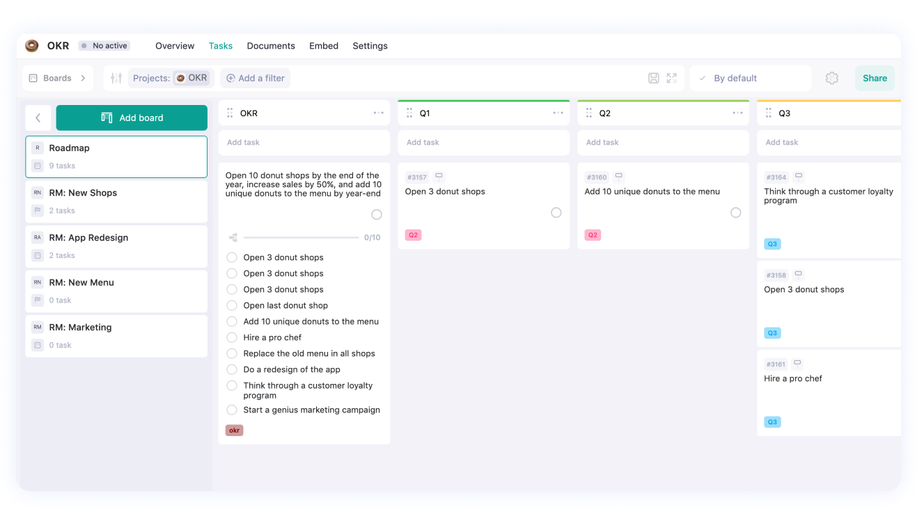 an example of a donut shop formulating OKR goals in WEEEK