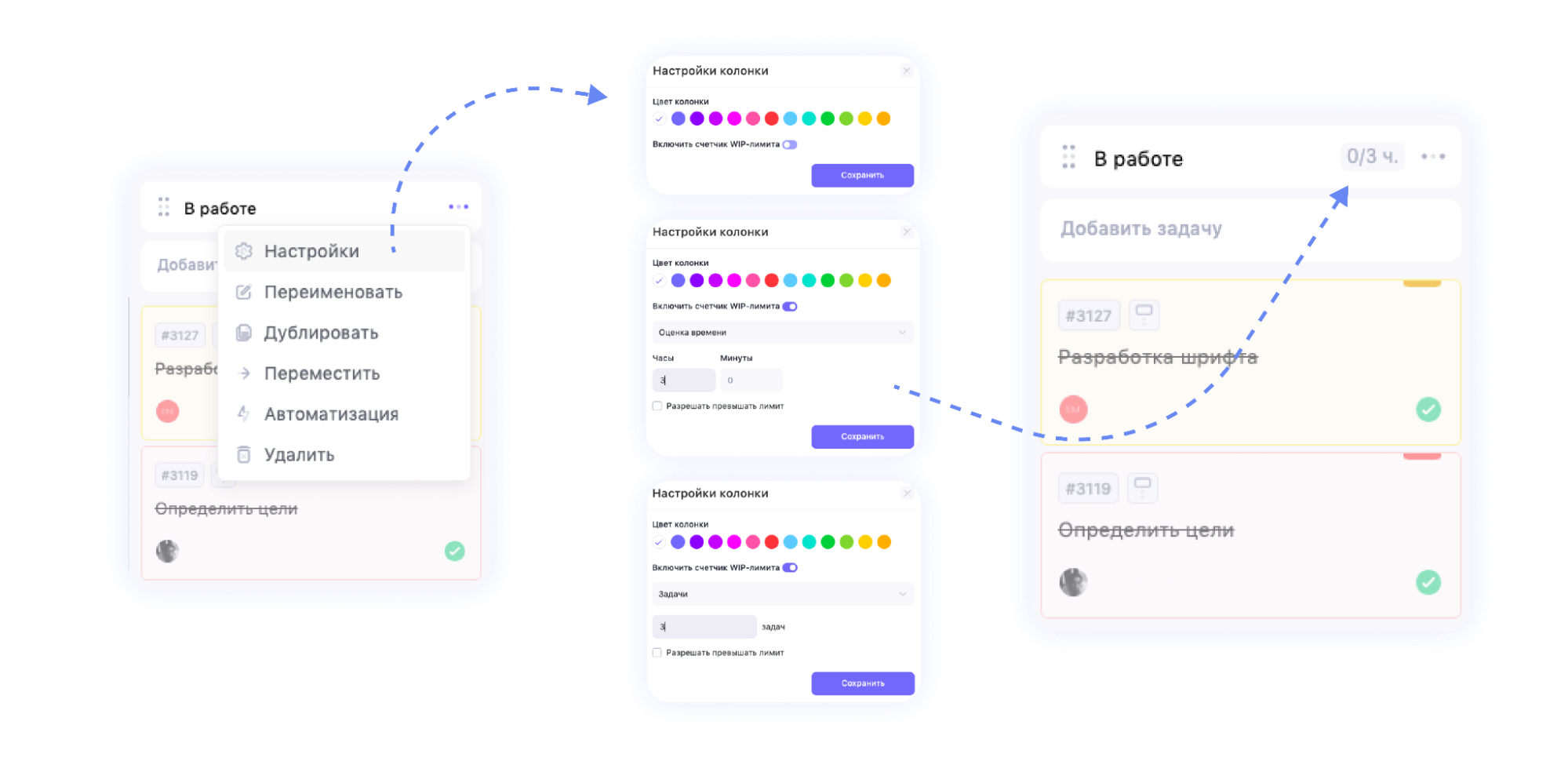 В колонке&nbsp;В работе&nbsp;можно настроить WIP-лимиты