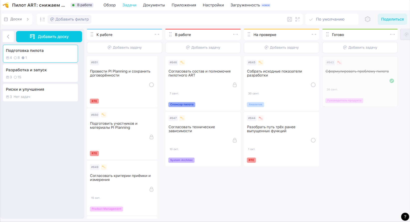планирование пилотного запуска на Канбан-доске Weeek