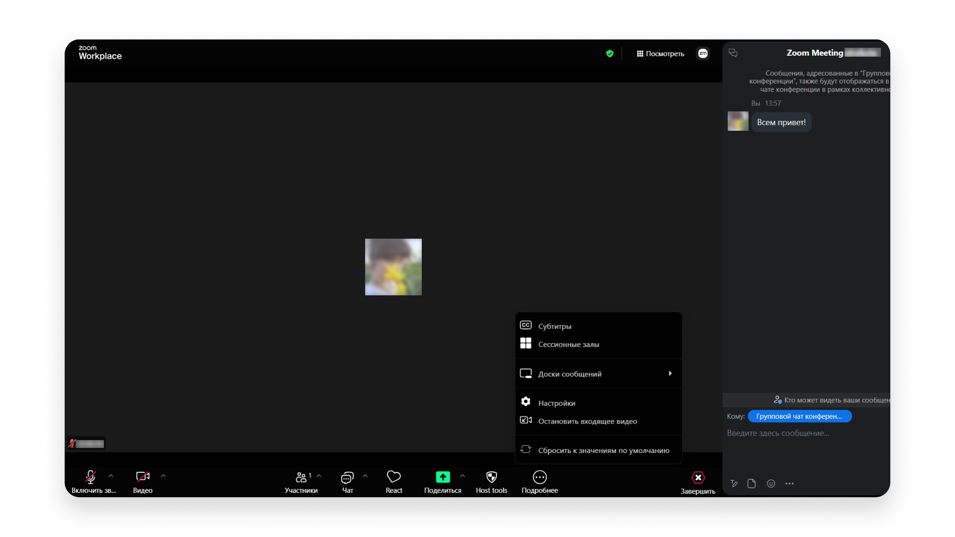 Звонок, чат и реакции Совещание в Zoom