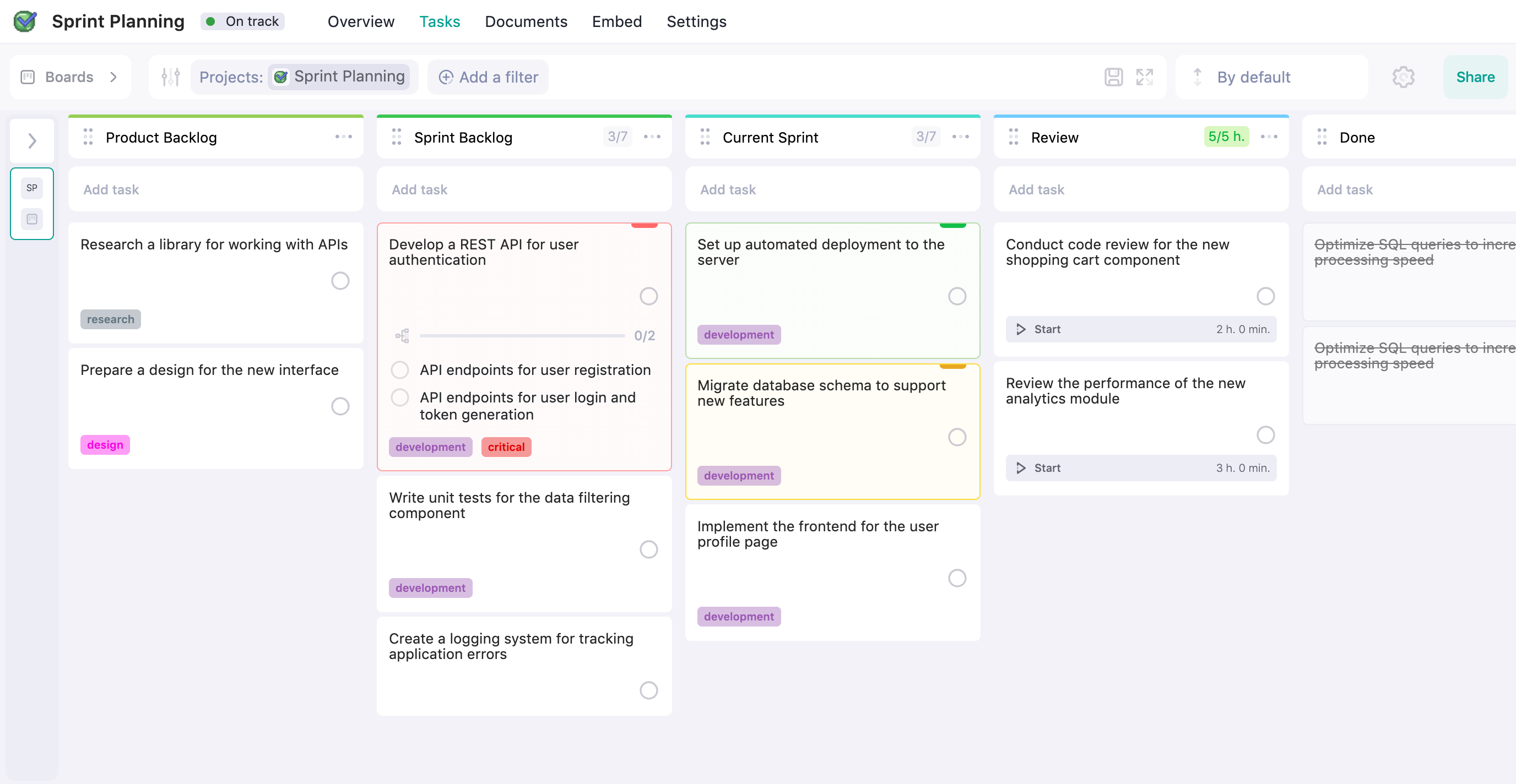example of a sprint board created in weeek