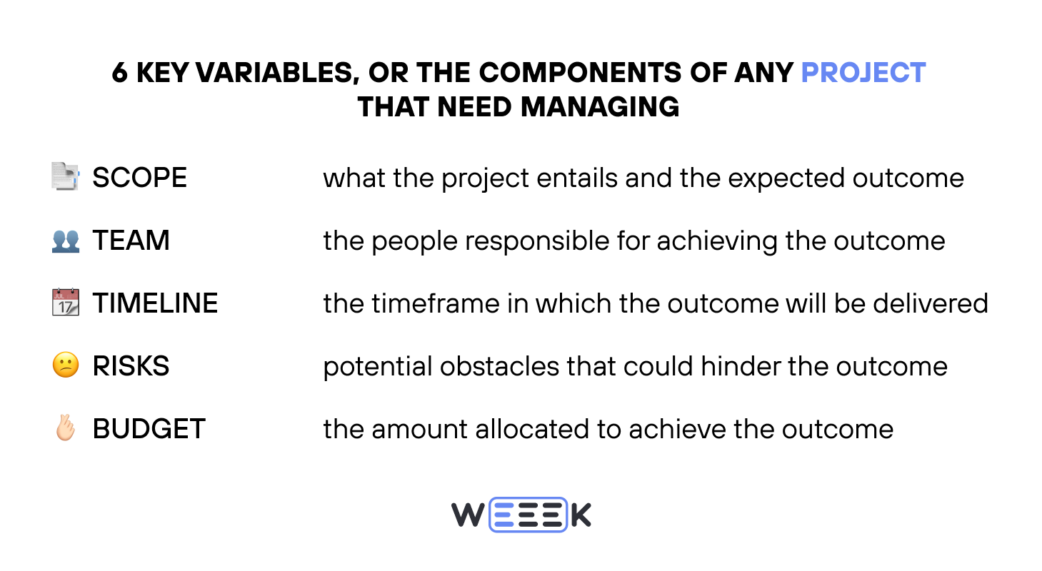 6 key variables of project management: scope, team, timeline, risks, budget&nbsp;