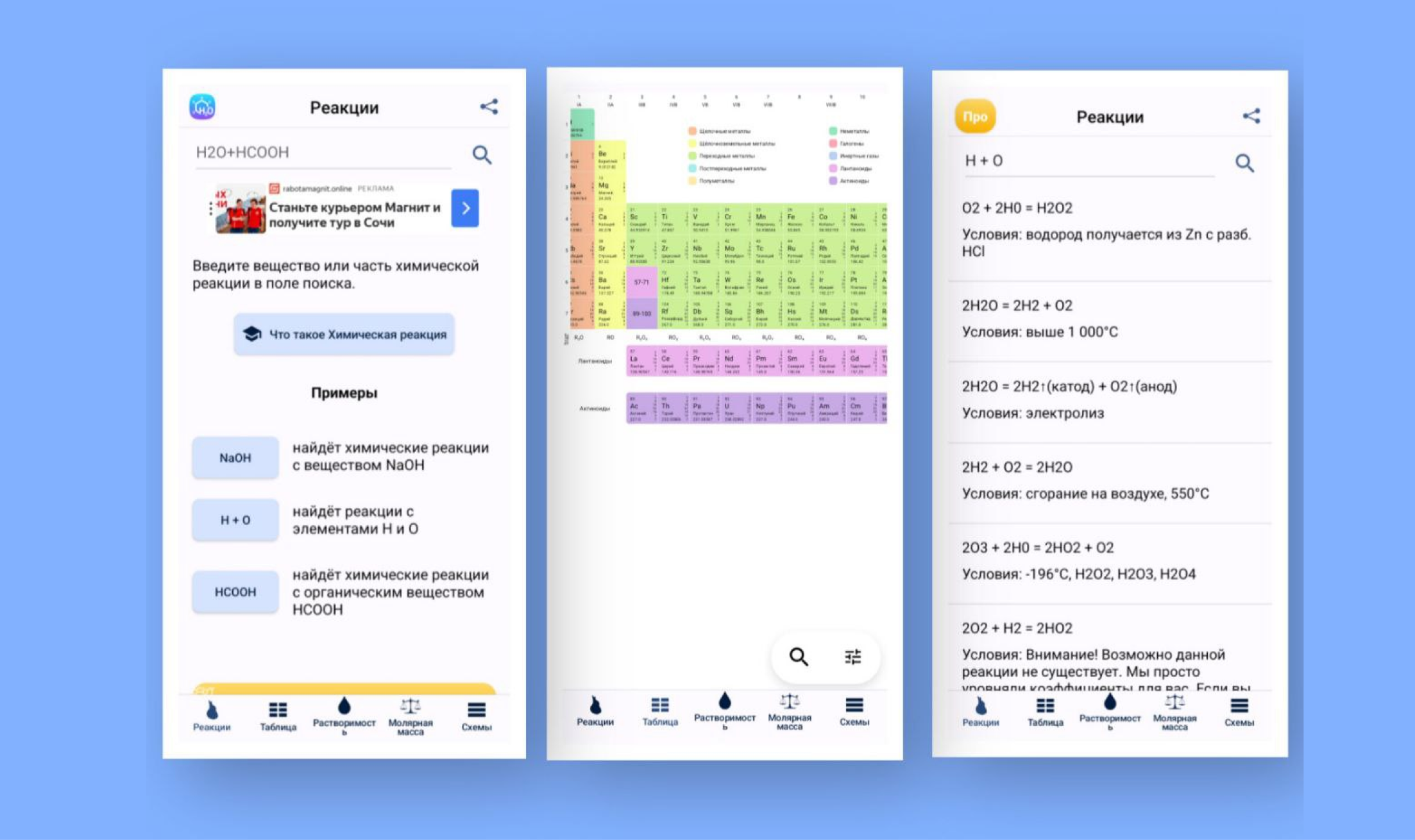Приложение «Химия»: интерфейс