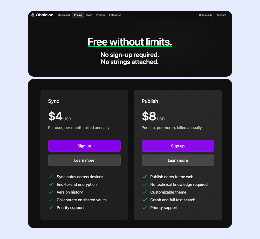 Тарифы на Obsidian