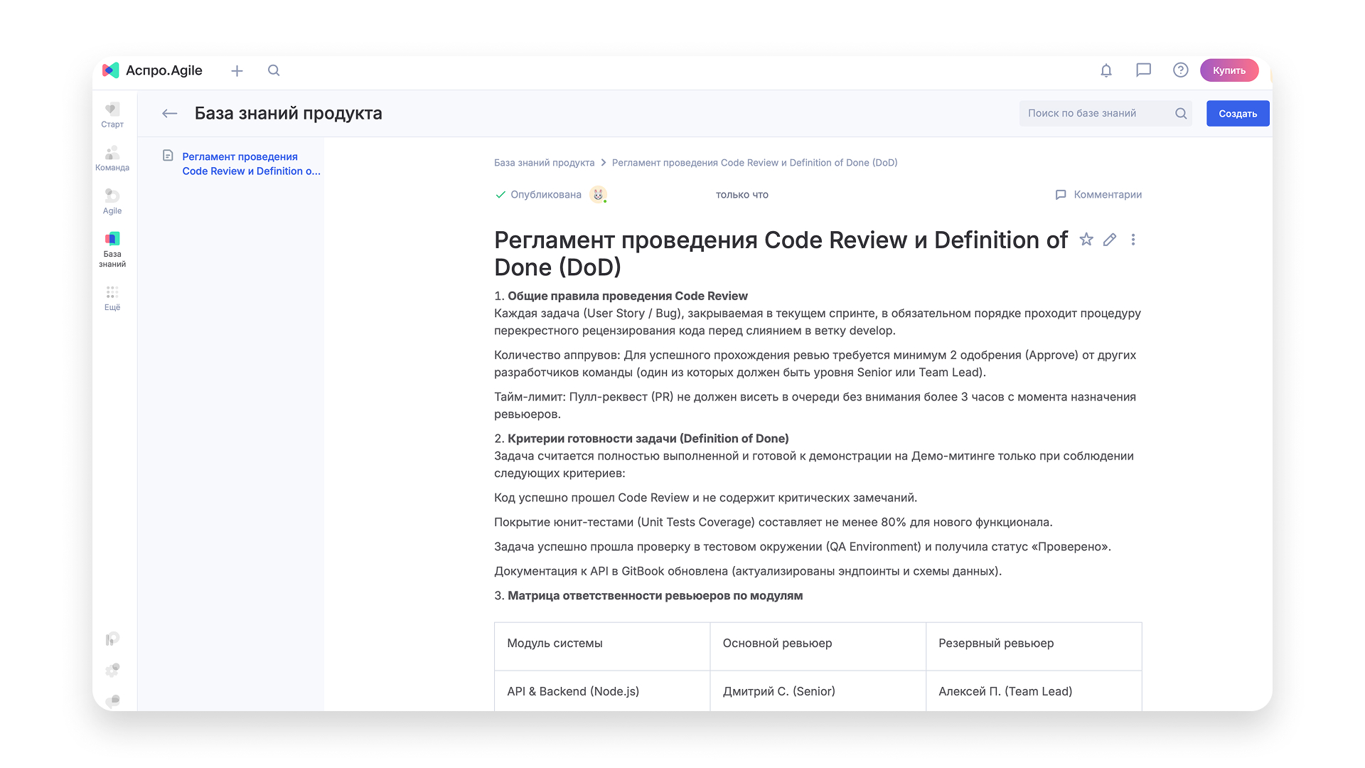 Фрагмент базы знаний продукта в Аспро.Agile