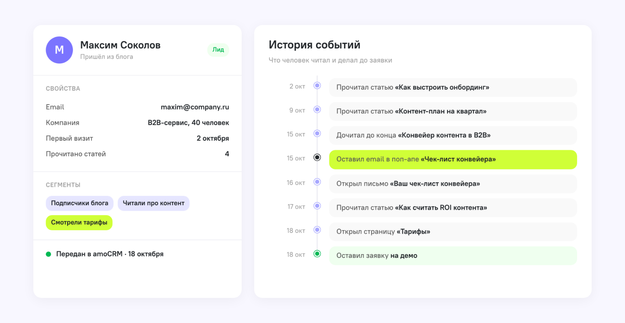 карточка лида Максим Соколов с историей событий: открытием страниц и прочтением статей