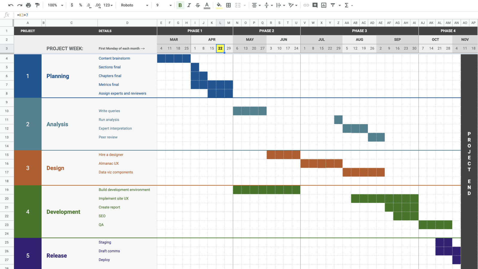 project calendar plan in Google Sheets