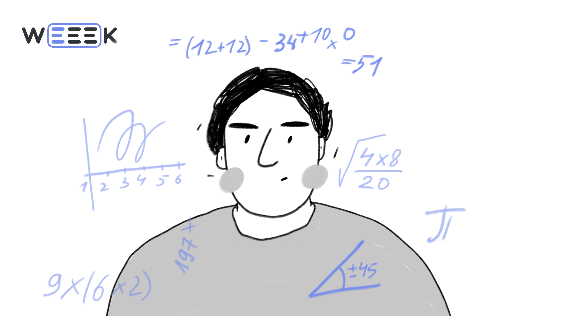 Иллюстрация: мужчина в расчётами вокруг себя